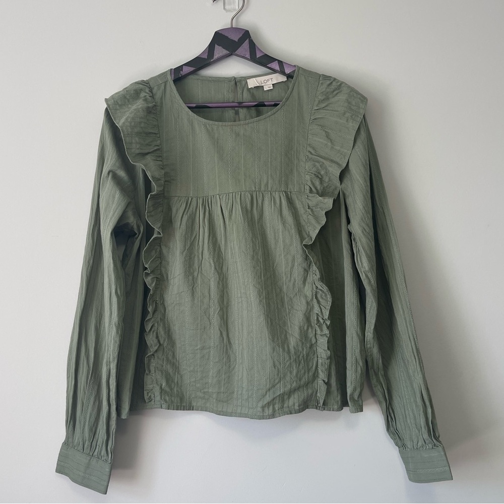 Loft Green Ruffle Cropped Blouse Top Size Large - Picture 4 of 9